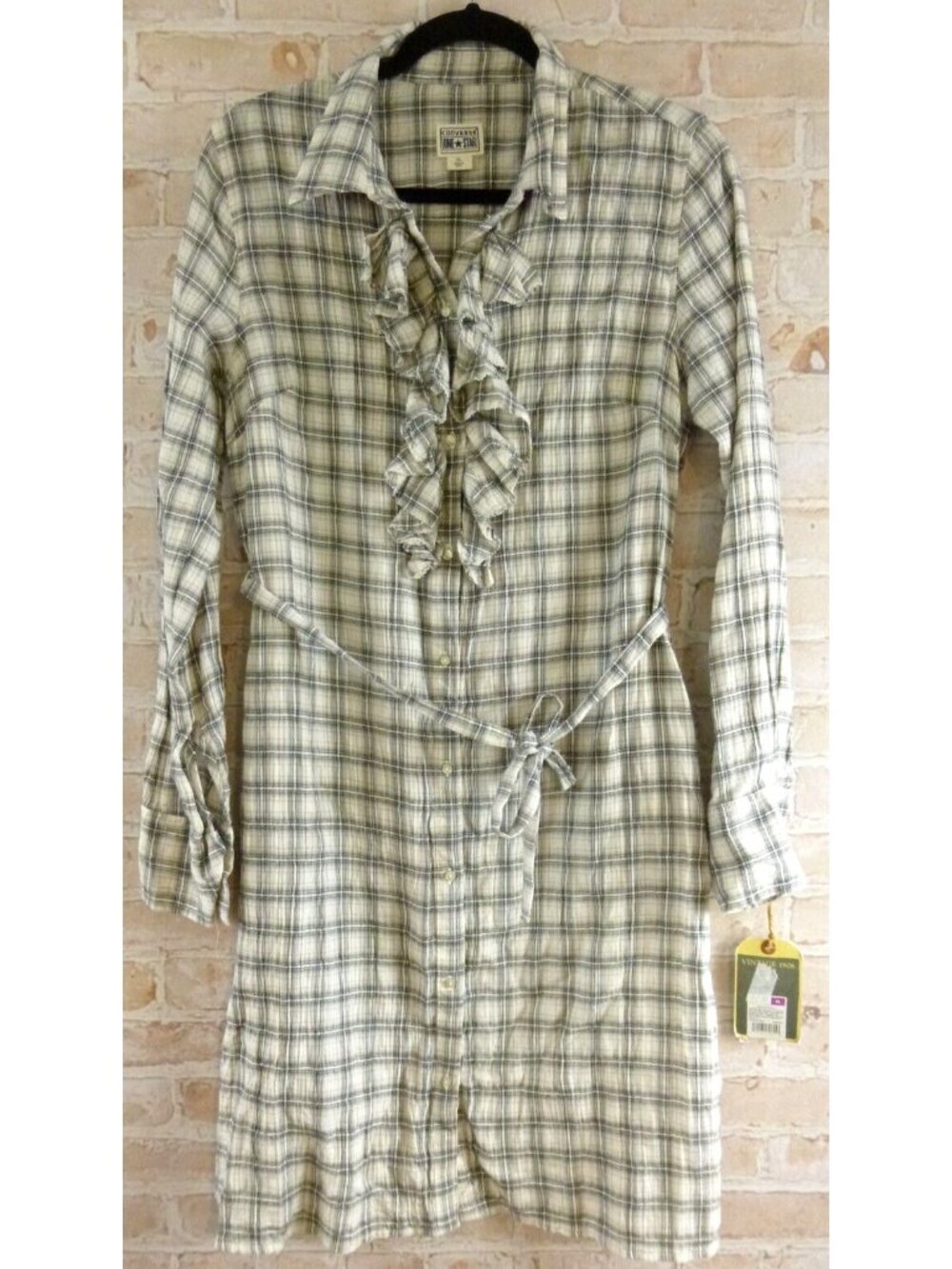 Converse One Star Long Sleeve Button Up Shirt Dress Ivory Plaid Women's XL NWT